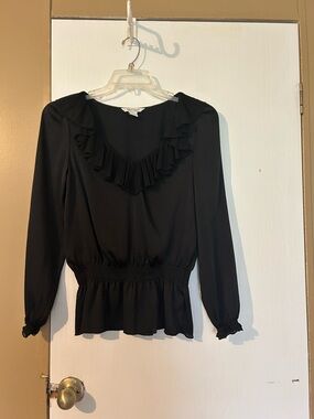 White House Black Market Black Ruffle V-Neck Long Sleeve Blouse